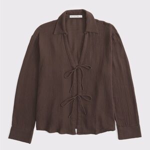 Long sleeve oversized tie front gauzy shirt